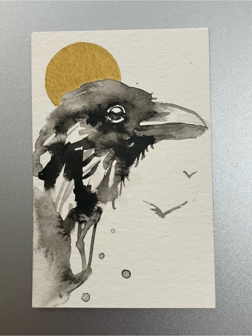 Original raven crow miniature realism painting sumi-e style art ink Ettina